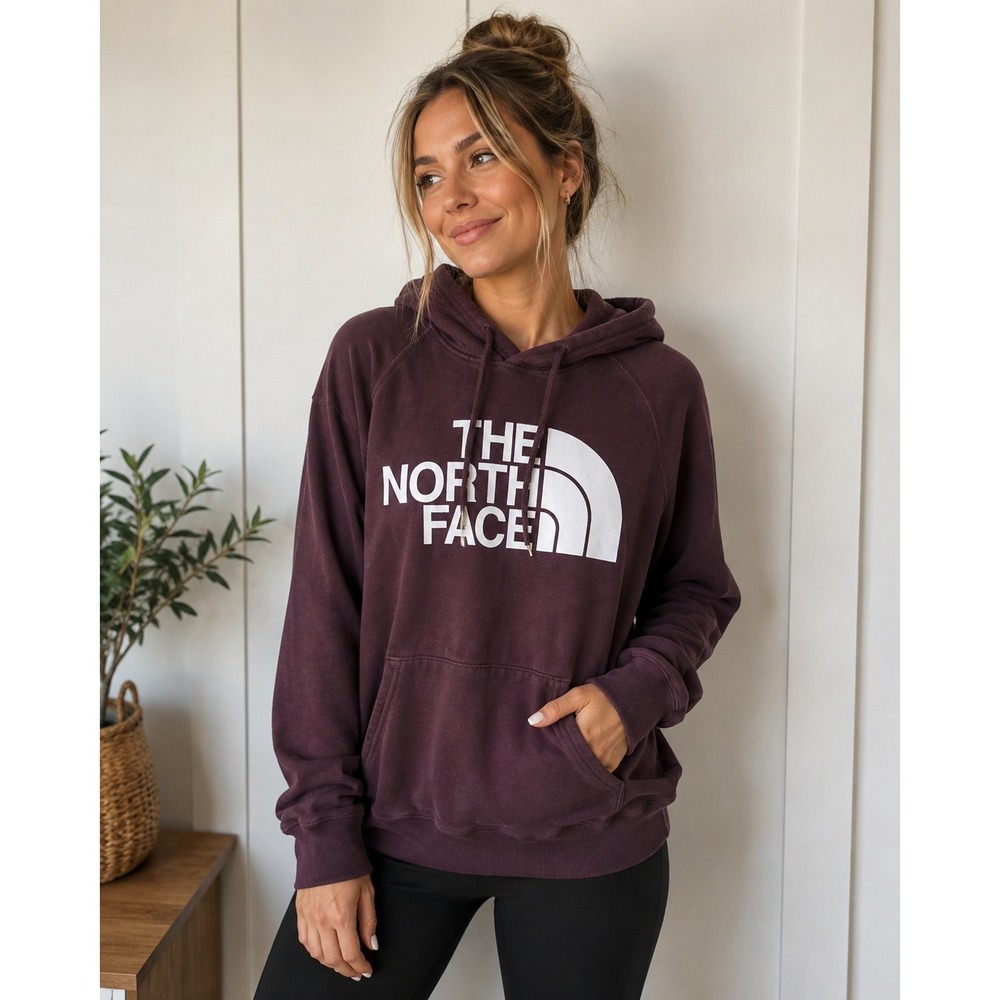 The North Face Hoodie Womens Medium Plum Purple Logo Pullover Fleece Sweatshirt
